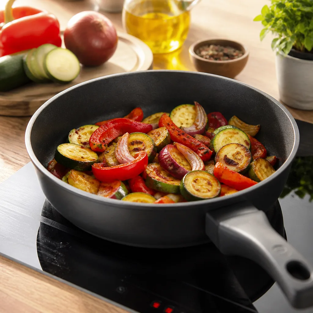 Dunkelgraue beschichtete Aluguss-Pfanne mit dicken Wänden und hohem Rand auf einem Induktionskochfeld, darin gebratenes Gemüse aus Zucchini, Paprika und roten Zwiebeln, von schräg oben fotografiert