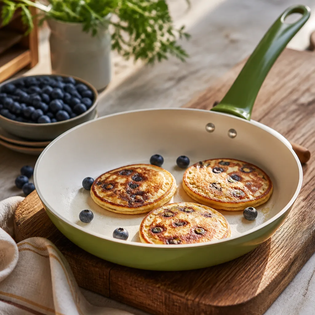 Beschichtete Pfanne mit heller, cremeweißer Keramikbeschichtung innen und grüner Außenseite auf einem Holzbrett, darin drei kleine Pfannkuchen mit Heidelbeeren