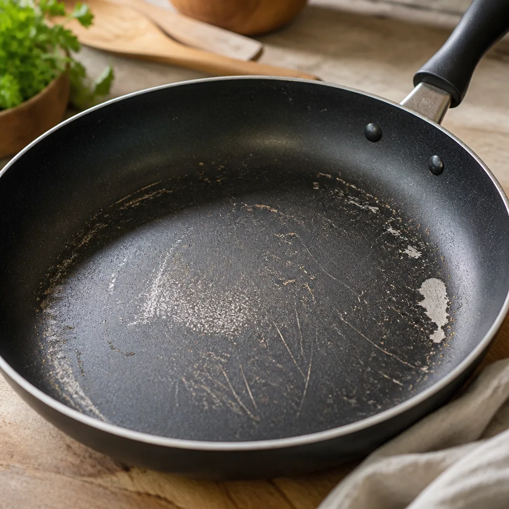Nahaufnahme einer abgenutzten beschichteten Pfanne mit deutlichen Kratzern, hellen Stellen und abgelösten Flecken in der Beschichtung am Pfannenboden