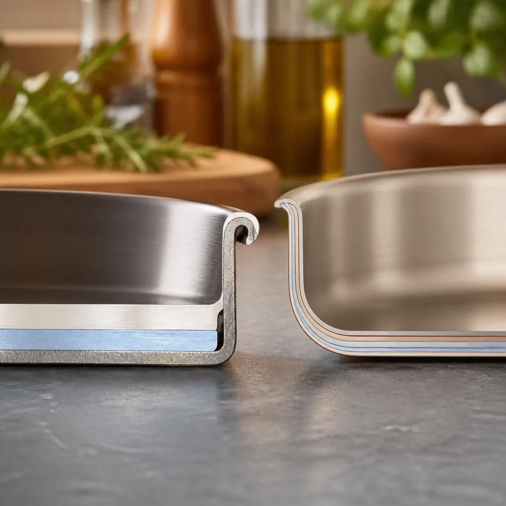 Schnittansicht zweier Pfannenböden als Makroaufnahme, links ein dicker aufgeschweißter Kapselboden mit sichtbarem Aluminiumkern, rechts ein durchgehendes dreilagiges Mehrschichtmaterial bis in den Rand, auf grauer Metallfläche