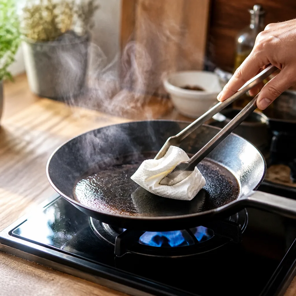 Eisenpfanne auf einem Gasherd bei hoher Flamme, leichter weißer Rauch steigt auf, eine Hand mit Küchenpapier in einer Grillzange verteilt eine dünne Ölschicht, Pfannenboden verfärbt sich bronzefarben bis dunkelbraun