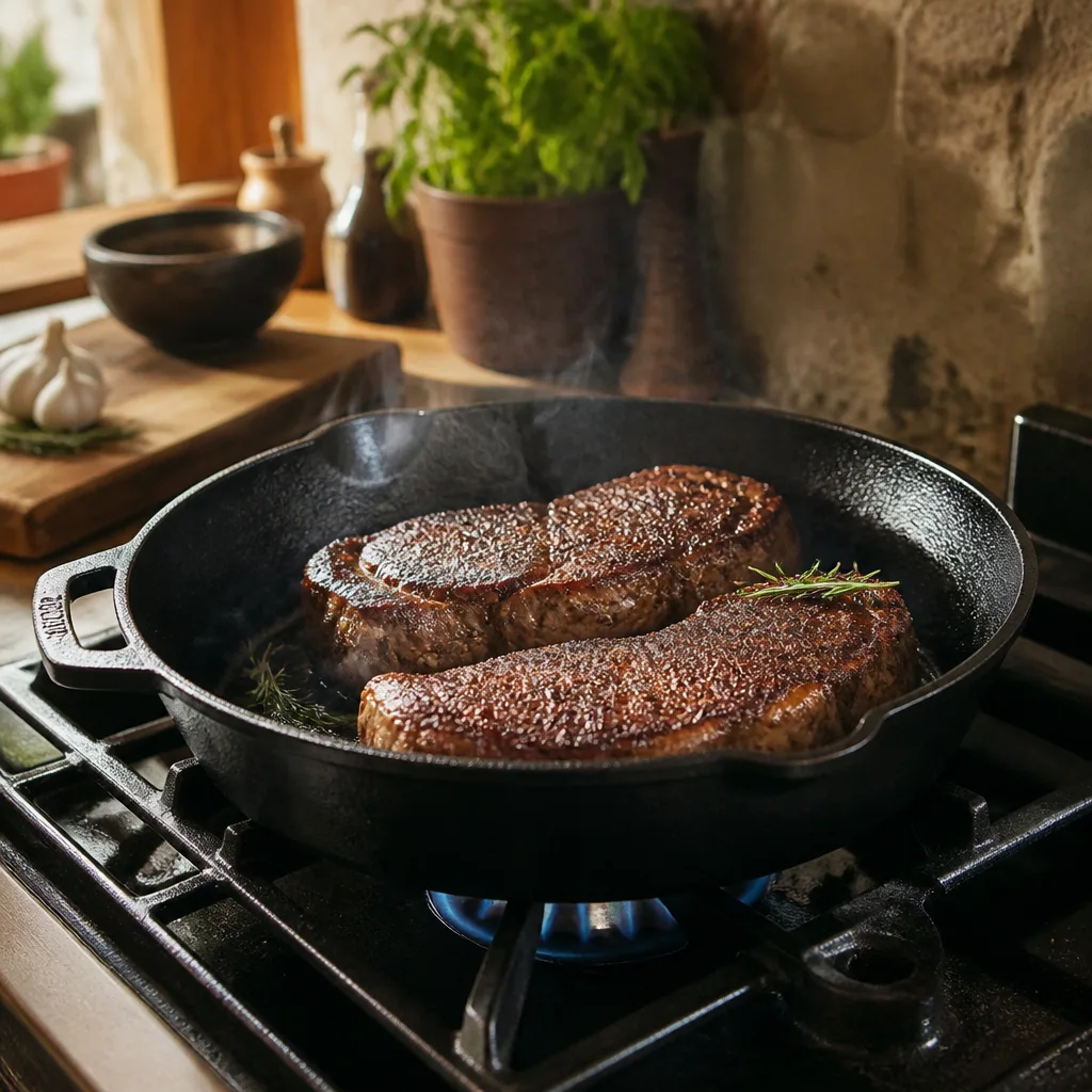 Schwarze gusseiserne Bratpfanne mit kurzem Gegengriff auf einem Gasherd, darin zwei Rindersteaks mit dunkelbrauner Kruste und etwas Rosmarin, leichter Dampf, rustikale Küche im Hintergrund