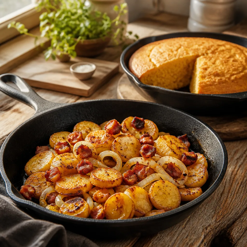 Gusseisenpfanne auf einem Holztisch mit goldbraunen Bratkartoffeln, Zwiebelringen und Speckwürfeln, daneben eine gusseiserne Pfanne mit frisch gebackenem Maisbrot im Anschnitt