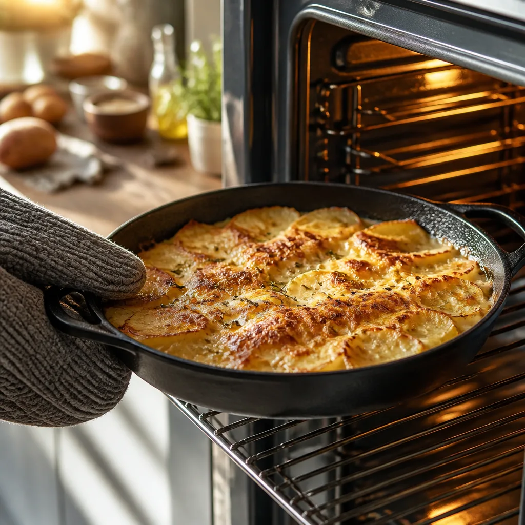 Gusseiserne Pfanne mit goldbraunem Kartoffelgratin wird aus einem Backofen gezogen, Ofenhandschuh ohne Person im Bild, warmes Licht