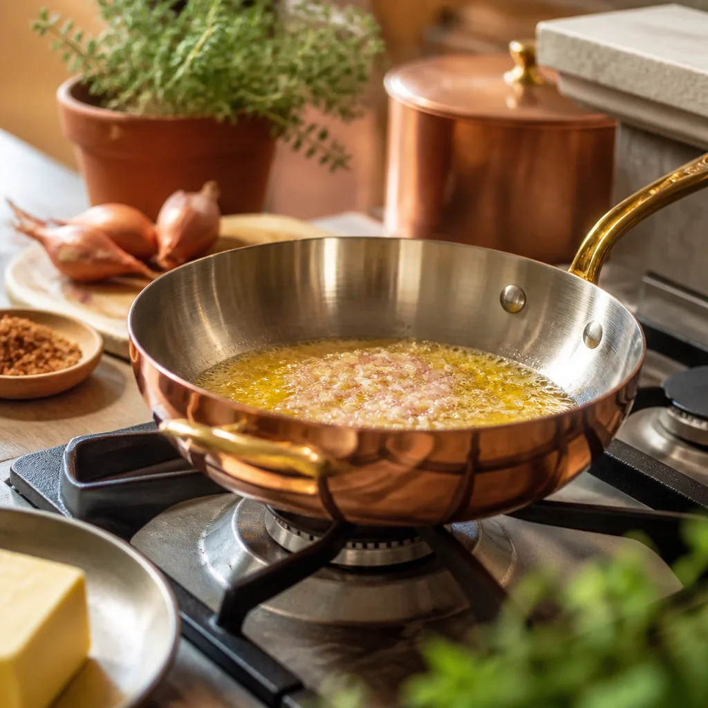 Glänzende Kupferpfanne mit Edelstahl-Innenseite und gegossenem Messinggriff auf einem Gasherd, darin eine goldgelbe Buttersauce mit Schalotten, warmes Küchenlicht