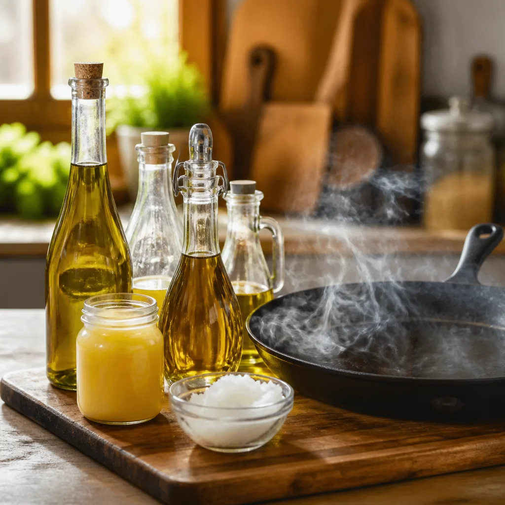 Mehrere Glasflaschen mit hellen und goldgelben Speiseölen, ein Glas mit Butterschmalz und ein Schälchen Kokosfett auf einem Holzbrett neben einer Eisenpfanne