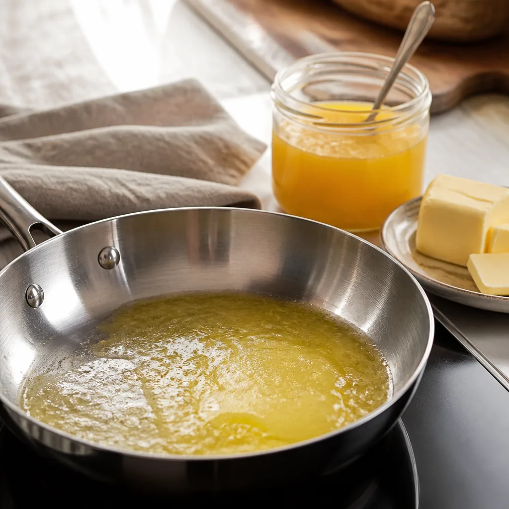 Goldgelbes Butterschmalz schmilzt in einer Edelstahlpfanne, daneben ein Glas Ghee und ein Stück Butter auf einem Teller