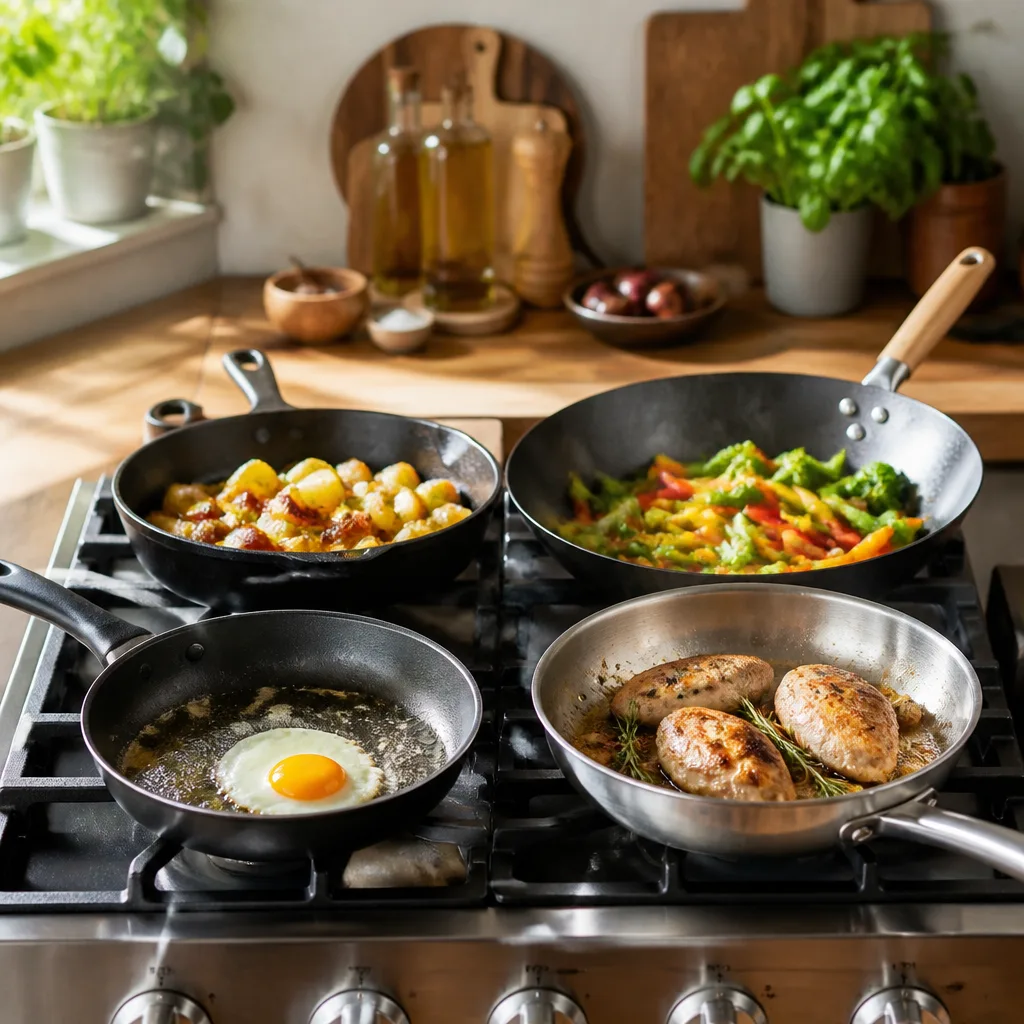 Vier Pfannen nebeneinander auf einem Herd: beschichtete Pfanne mit Spiegelei in Butter, Eisenpfanne mit Bratkartoffeln, Wok mit Gemüse und Edelstahlpfanne mit angebratenem Hähnchen