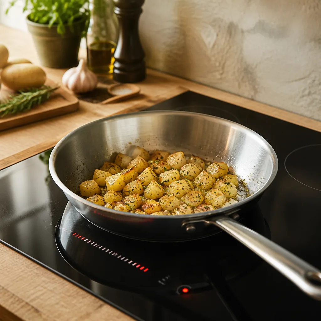 Schwarzes Induktionskochfeld mit leuchtender Leistungsanzeige, darauf eine Edelstahlpfanne mit sichtbarem Kapselboden, in der Pfanne brutzeln Kartoffelwürfel, schräge Ansicht ohne Personen
