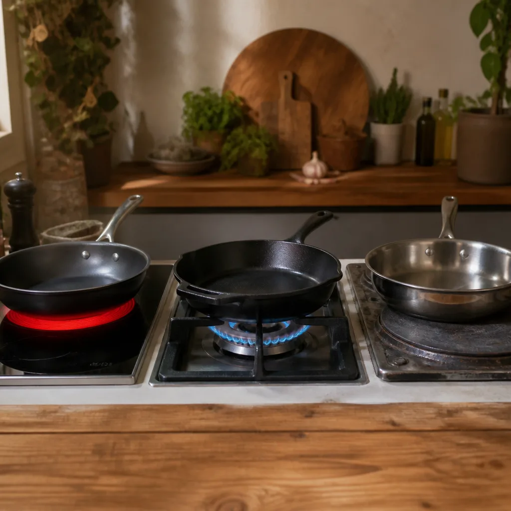 Drei Herdarten im Vergleich nebeneinander: eine glühend rote Ceran-Kochzone mit einer Aluminiumpfanne, ein Gasbrenner mit blauer Flamme unter einer Gusseisenpfanne und eine alte gusseiserne Massekochplatte mit einer Edelstahlpfanne