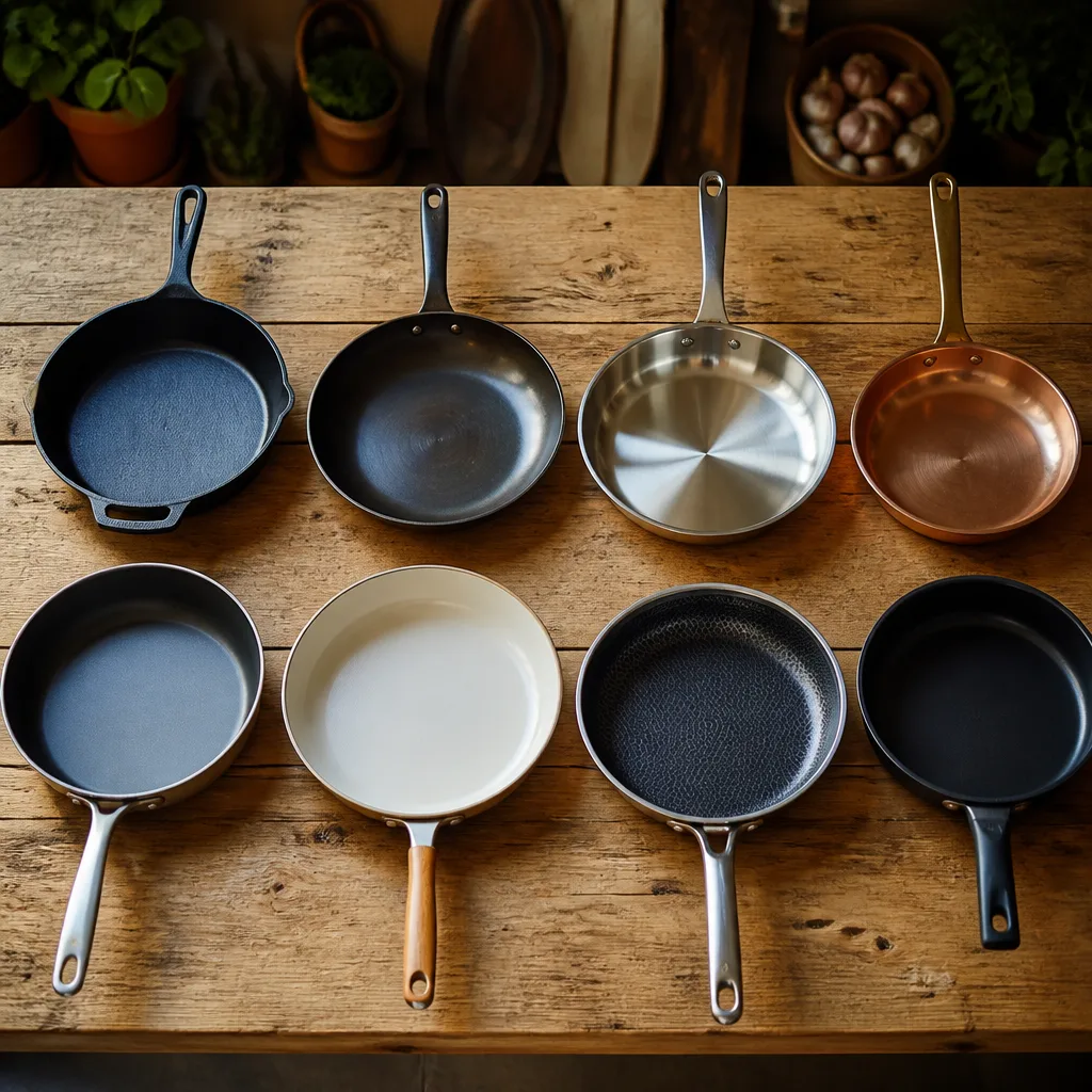 Acht verschiedene Pfannen aus Gusseisen, Eisen, Edelstahl, Kupfer und mit heller und dunkler Beschichtung liegen nebeneinander auf einem großen Holztisch, Draufsicht