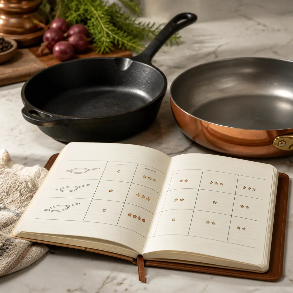 Aufgeschlagenes Notizbuch mit handgezeichneter Tabelle neben einer gusseisernen und einer kupfernen Pfanne auf einer Marmorarbeitsplatte