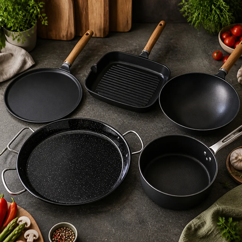 Draufsicht auf verschiedene Pfannenformen: flache Crêpepfanne, gerippte Grillpfanne, tiefer Wok, breite Paellapfanne mit zwei Griffen und hochwandige Sauteuse auf dunklem Untergrund