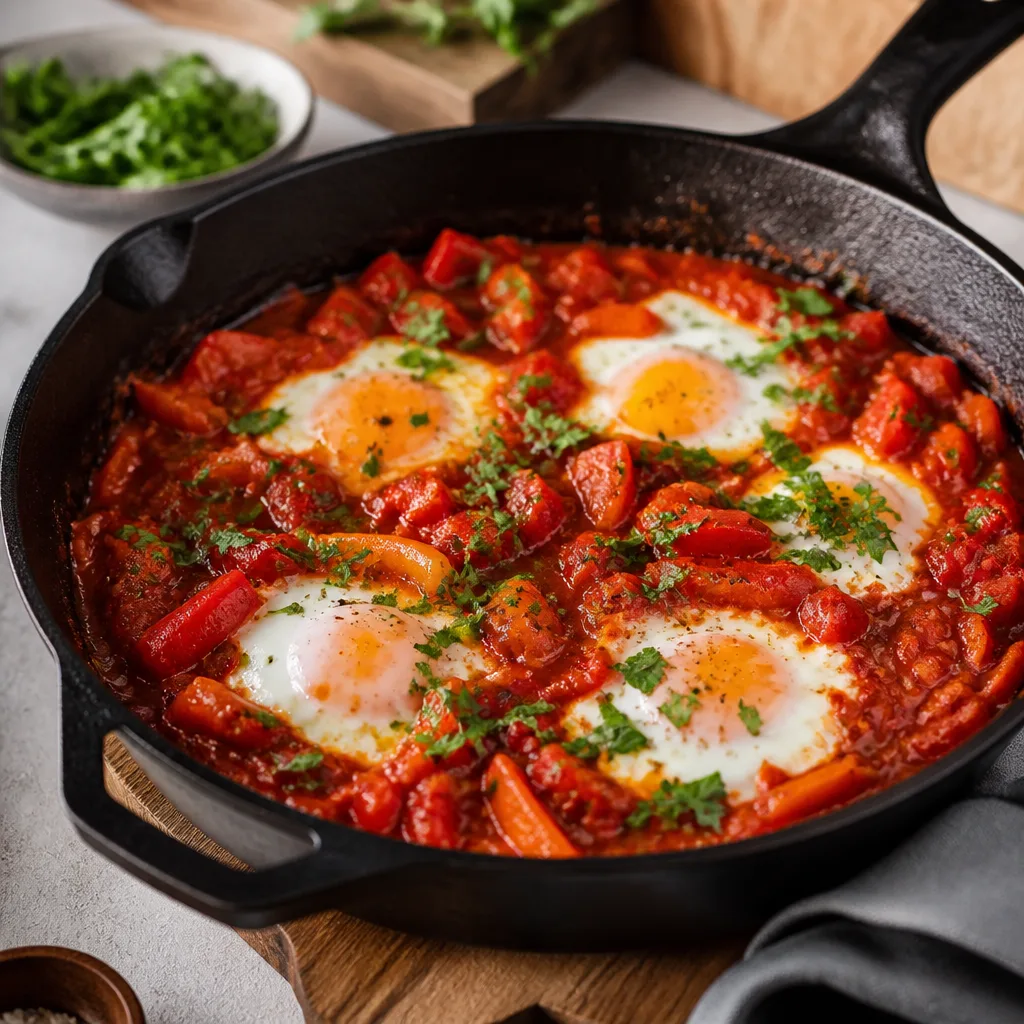 Shakshuka mit pochierten Eiern in würziger Tomaten-Paprika-Sauce, bestreut mit Petersilie, serviert in einer schwarzen Gusseisenpfanne