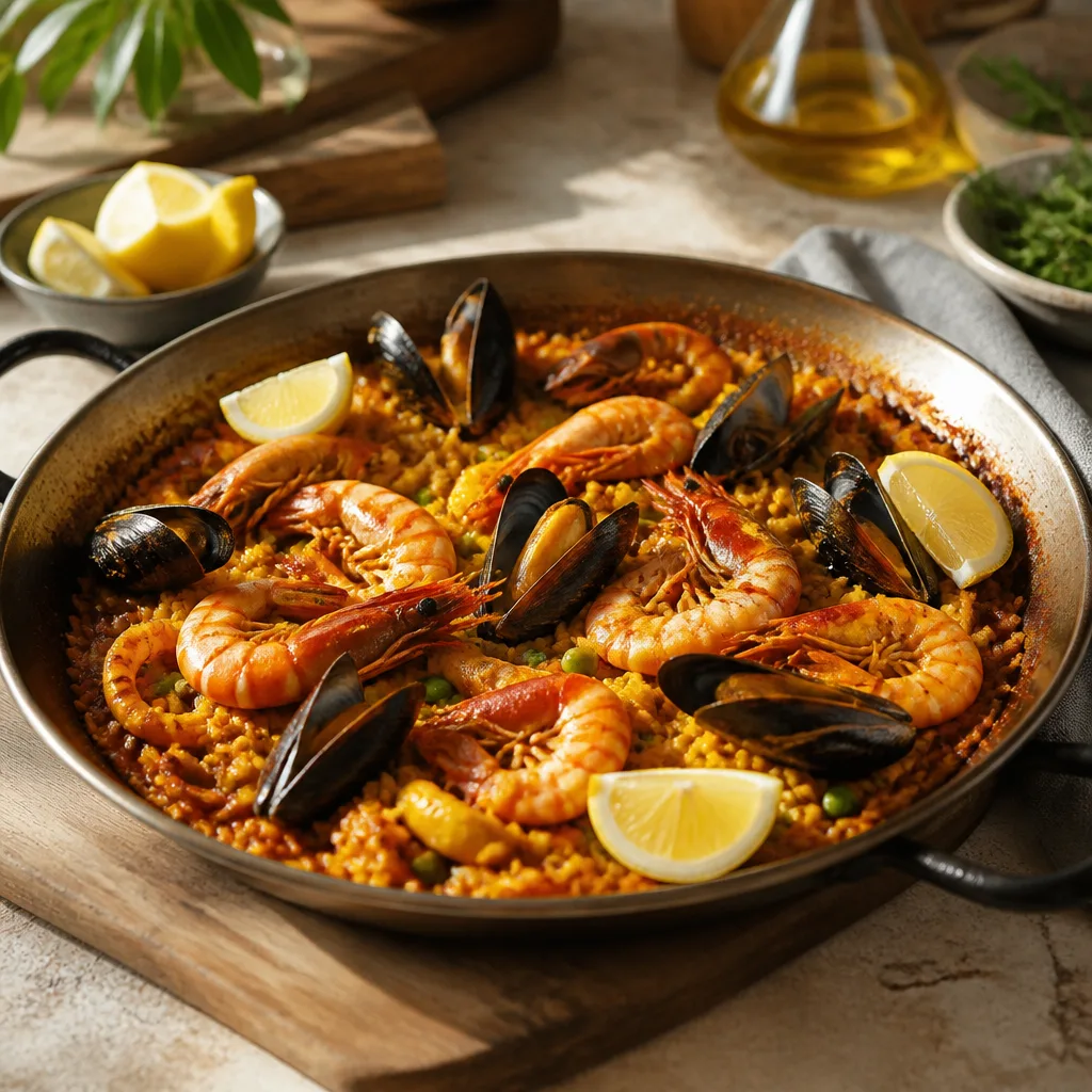 Paella mit Muscheln, Garnelen und Zitronen, safrangelbem Reis und knuspriger Kruste in einer flachen Paellapfanne mit zwei Griffen