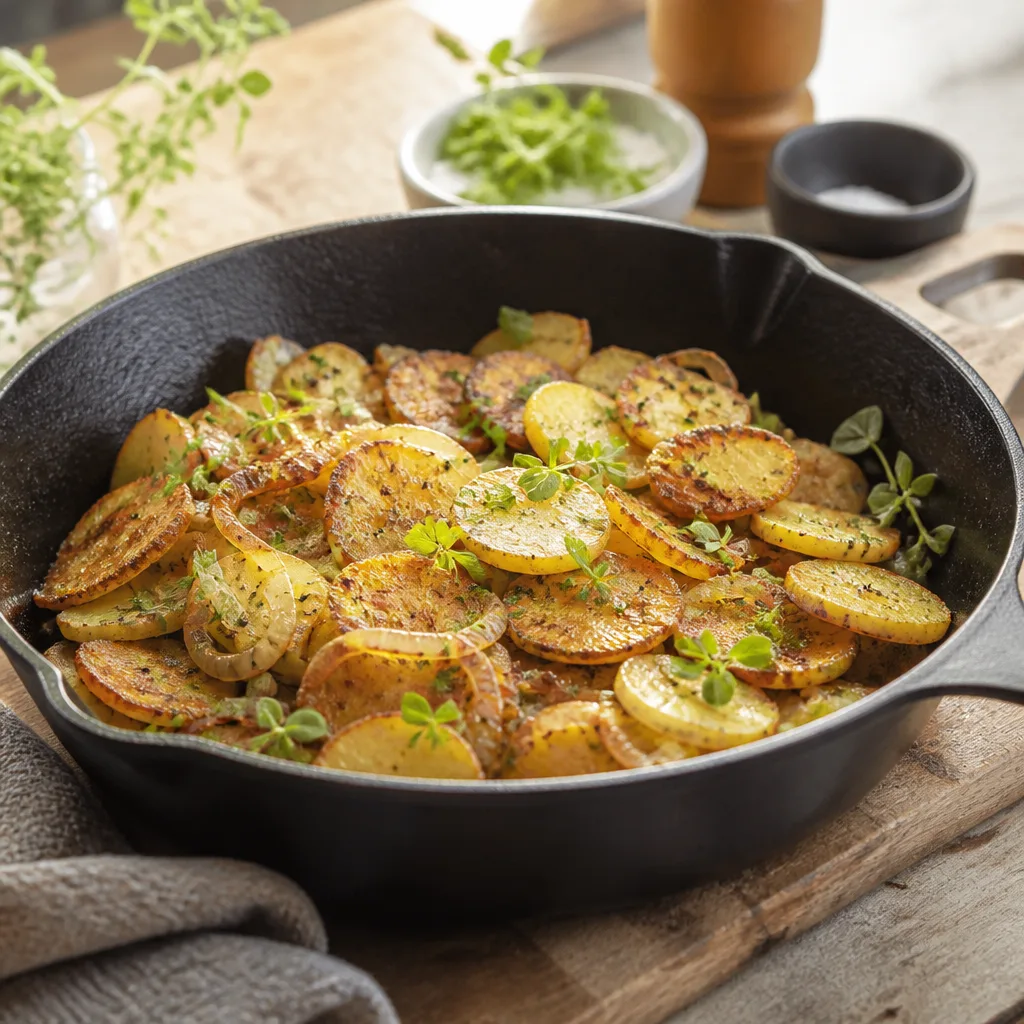 Knusprige Bratkartoffeln mit Zwiebeln und Majoran in einer großen schwarzen Gusseisenpfanne
