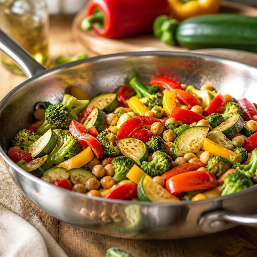 Bunte Gemüsepfanne mit Zucchini, Paprika, Brokkoli und Kichererbsen, glänzend gebraten in einer großen Edelstahlpfanne