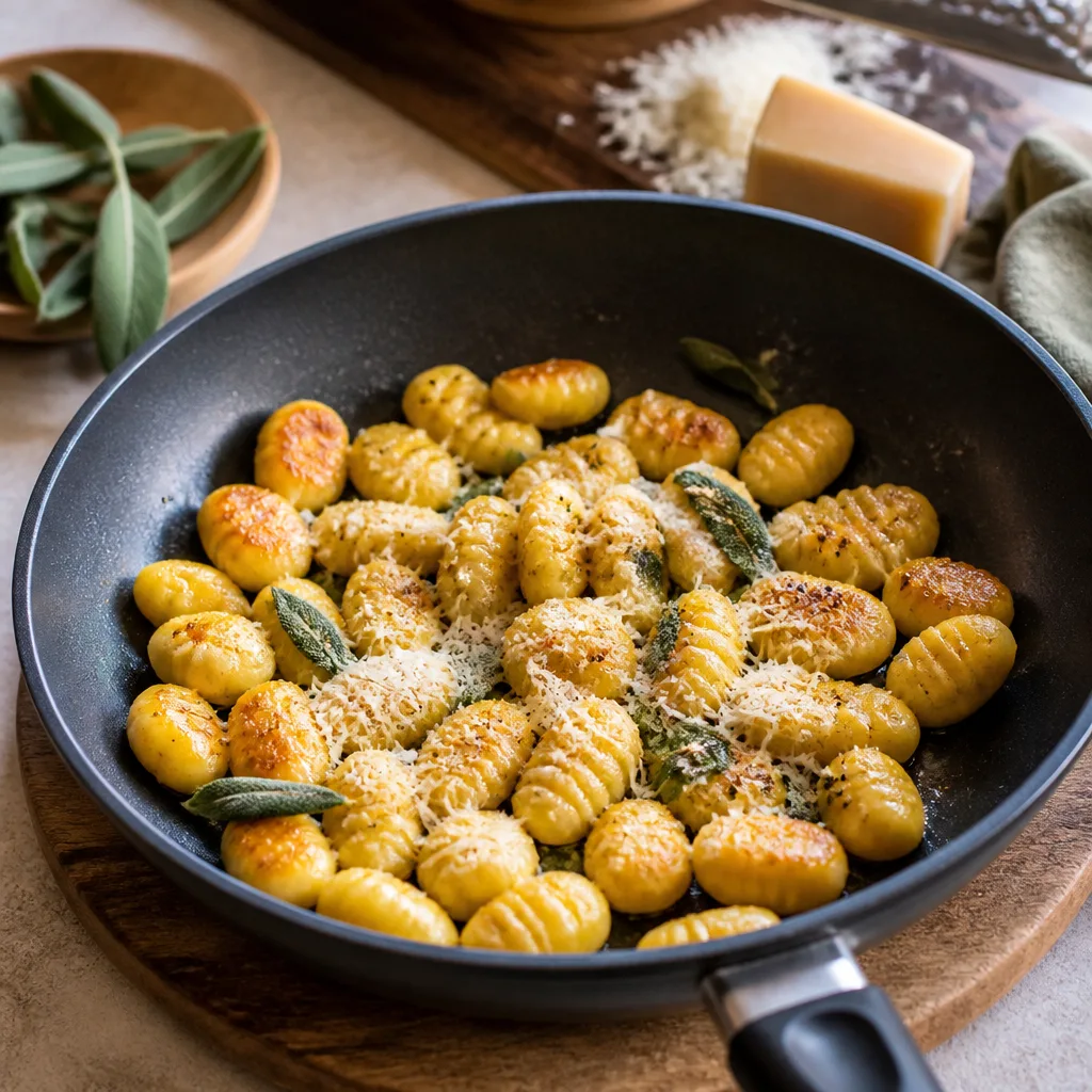 Goldbraun gebratene Gnocchi mit knusprigen Salbeiblättern und geriebenem Parmesan in einer beschichteten Pfanne
