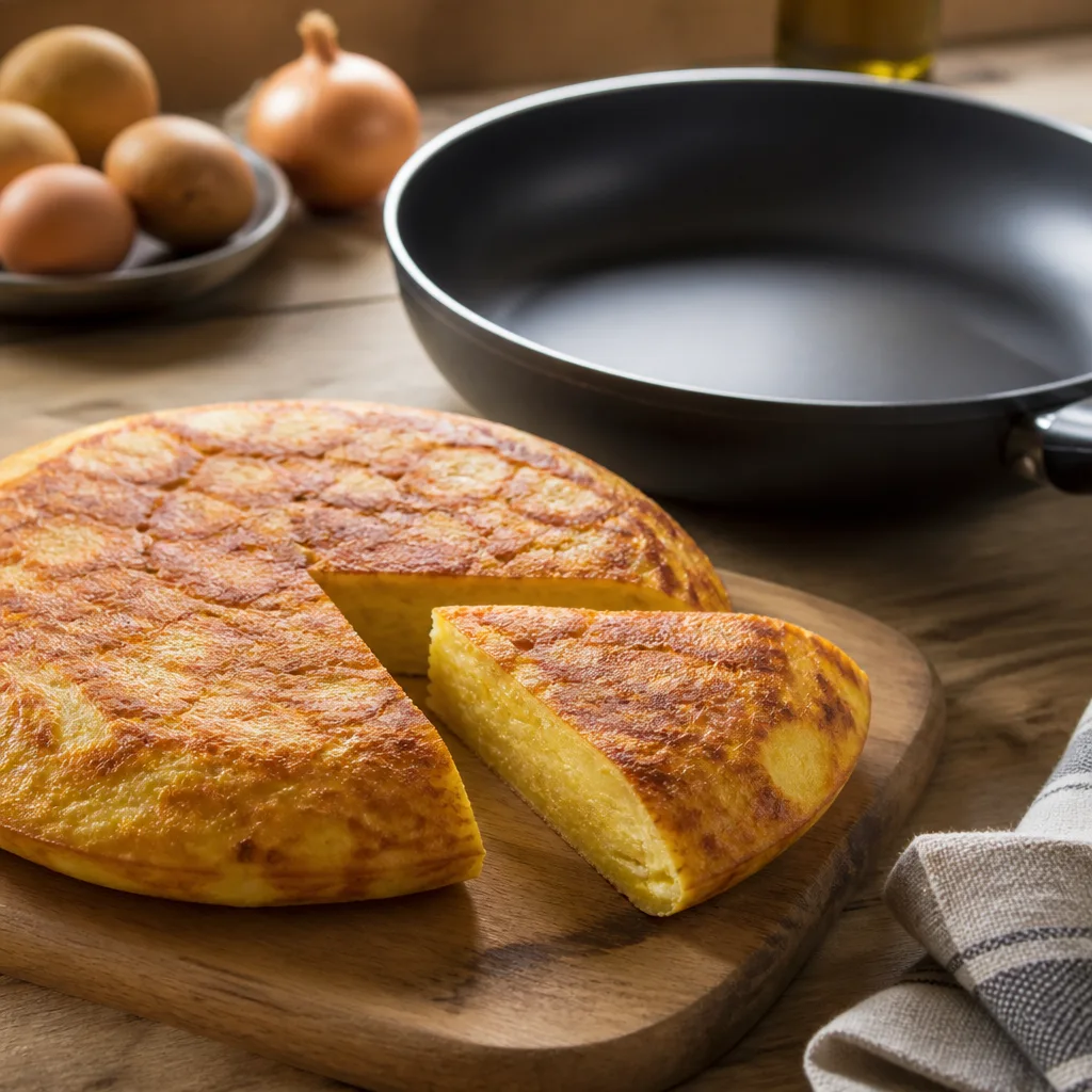 Dicke, goldbraune spanische Kartoffeltortilla auf einem Holzbrett, angeschnitten, daneben eine beschichtete Pfanne