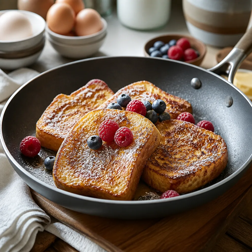 Goldbraun gebratene French-Toast-Scheiben mit Beeren und Puderzucker in einer beschichteten Pfanne