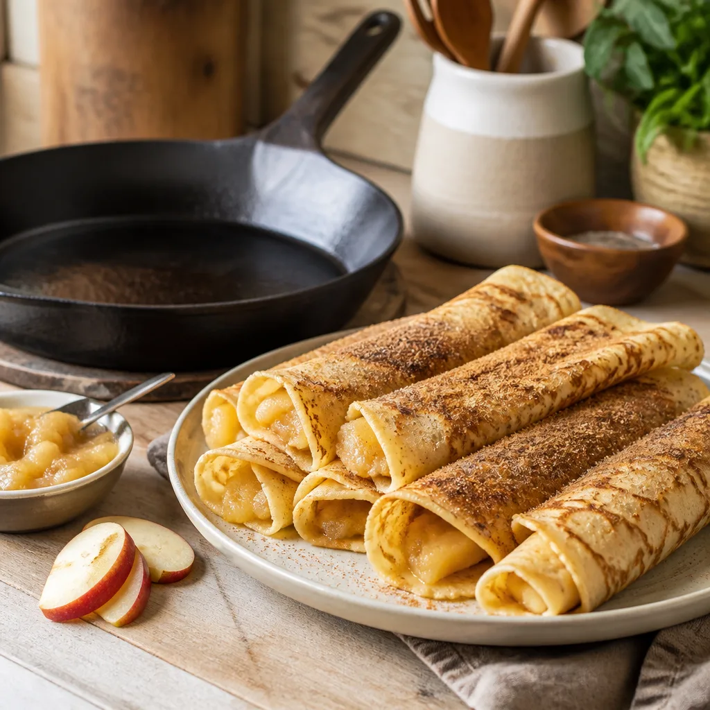 Dünne goldgelbe Pfannkuchen, eingerollt mit Apfelmus und Zimtzucker, auf einem Teller neben einer flachen Eisenpfanne