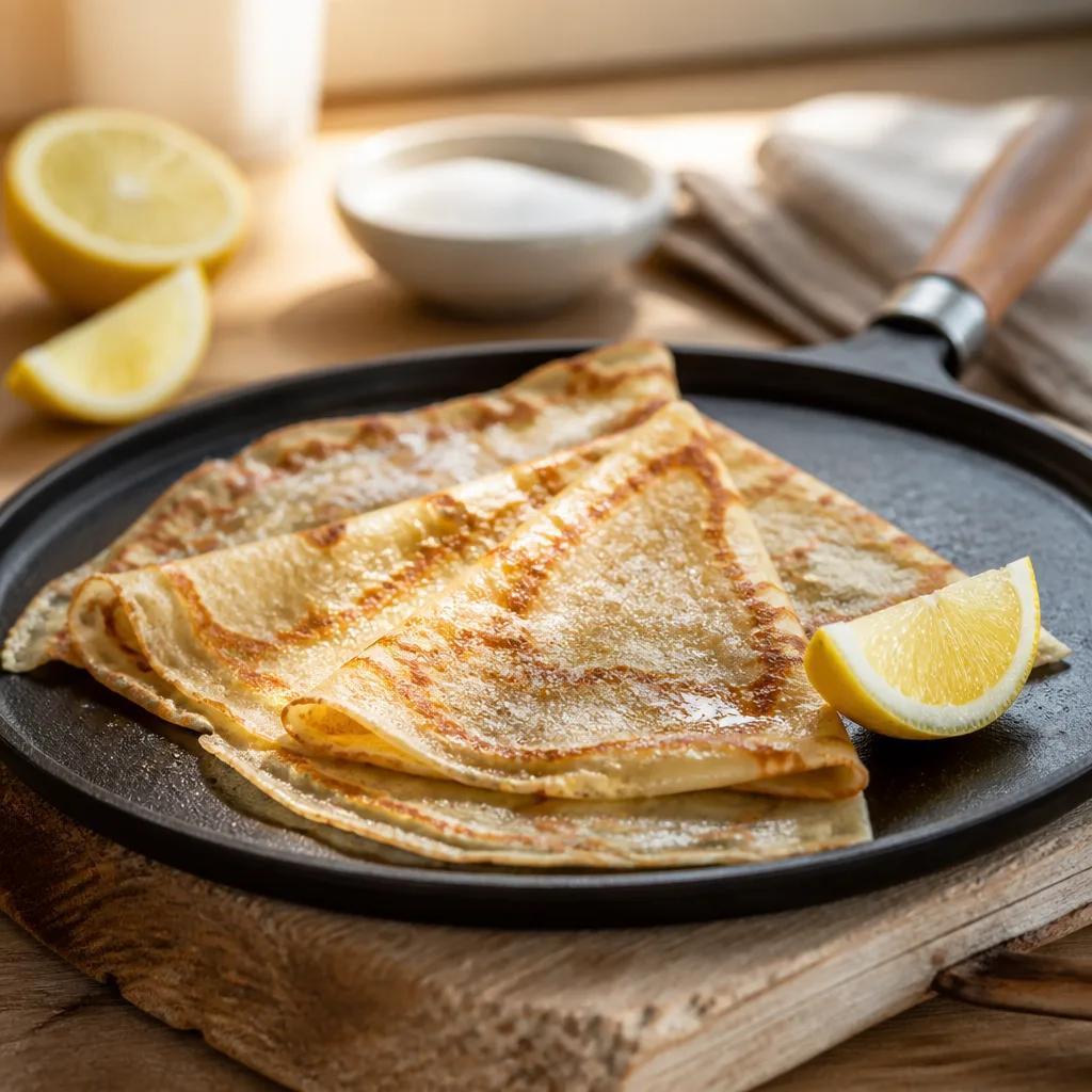 Hauchdünne, gefaltete Crêpes mit Zucker und Zitronenspalte auf einer flachen gusseisernen Crêpepfanne