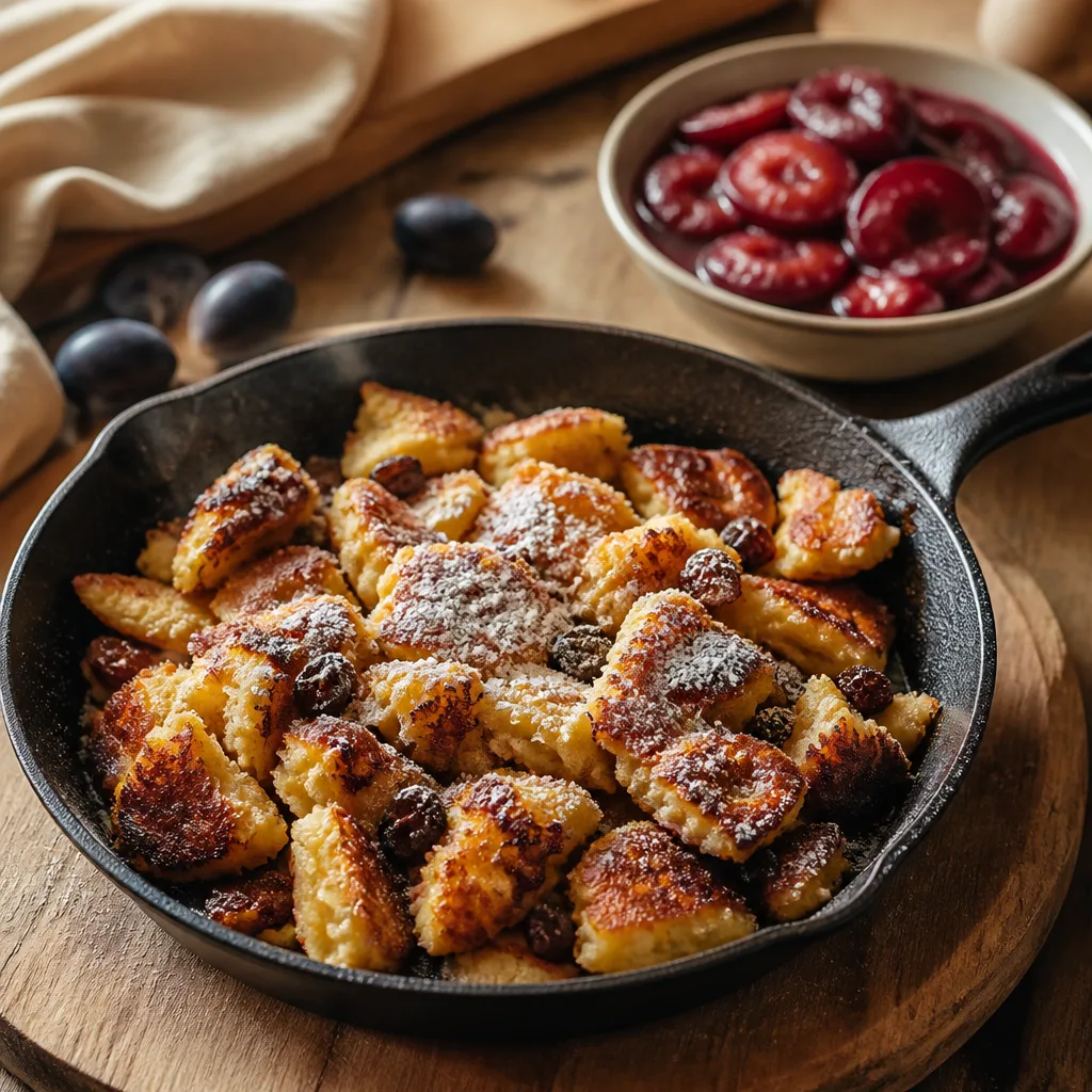 Fluffiger, karamellisierter Kaiserschmarrn mit Rosinen und Puderzucker in einer Gusseisenpfanne, daneben Zwetschgenröster