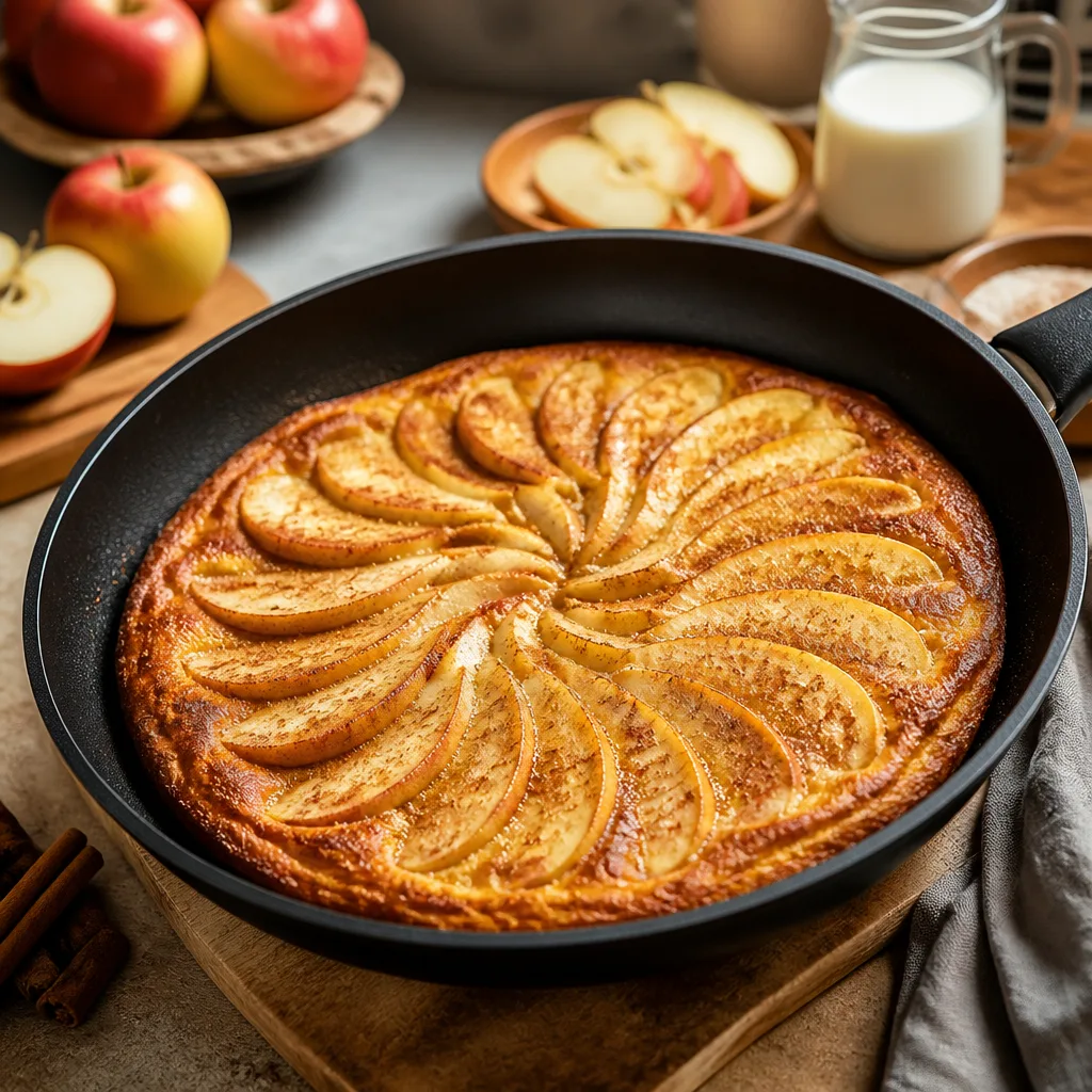 Dicker Apfelpfannkuchen mit fächerförmig eingelegten Apfelscheiben und Zimtzucker in einer beschichteten Pfanne