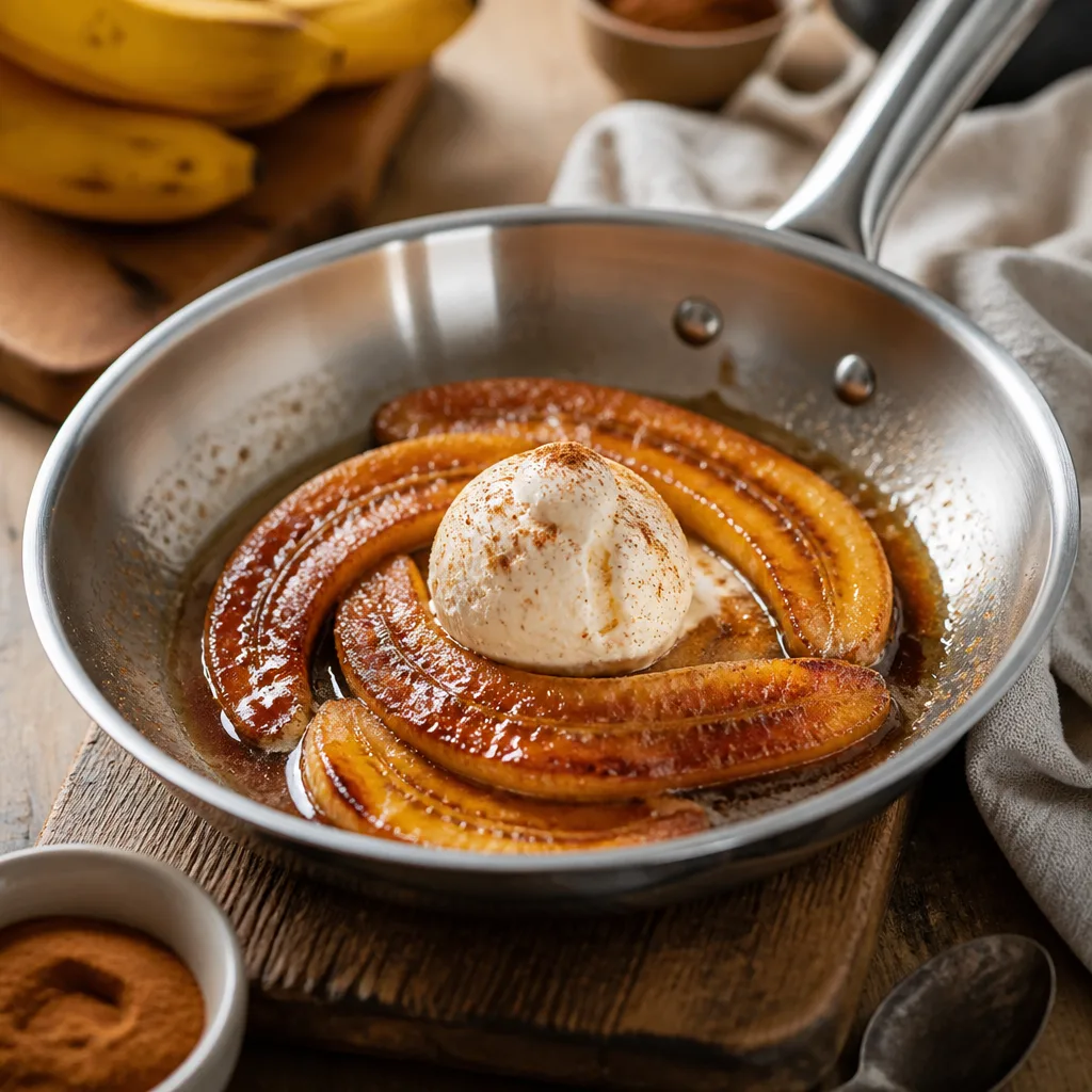 Längs halbierte, glänzend karamellisierte Bananen mit Zimt und einer Kugel Vanilleeis in einer Edelstahlpfanne