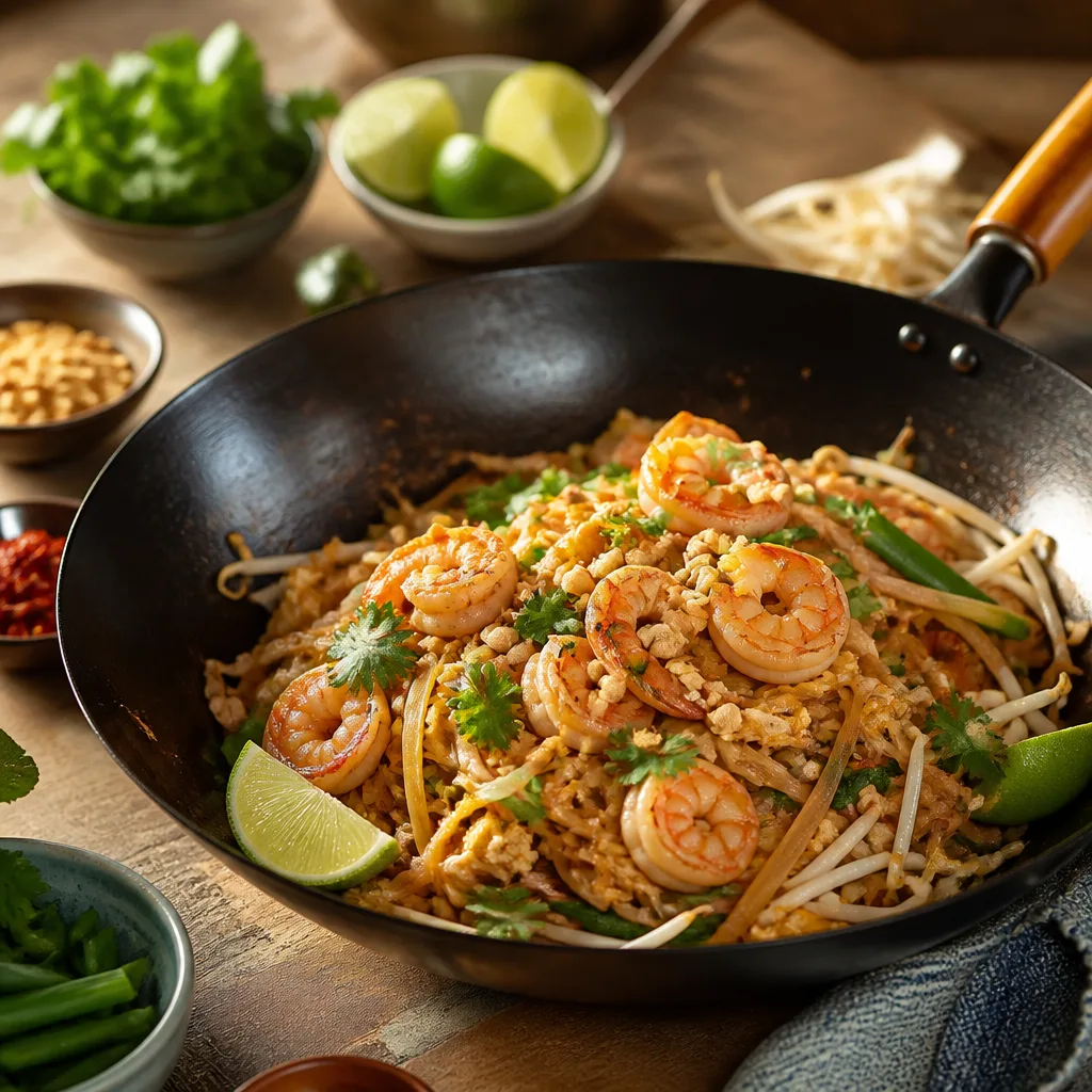 Pad Thai mit Reisnudeln, Garnelen, Sprossen, Erdnüssen und Limettenspalte in einem schwarzen Carbonstahl-Wok