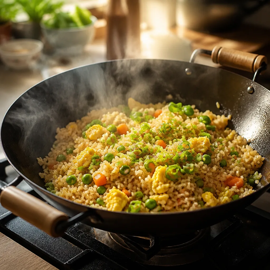 Gebratener Reis mit Ei, Erbsen, Karotten und Frühlingszwiebeln, mit Rauchschwaden in einem Wok