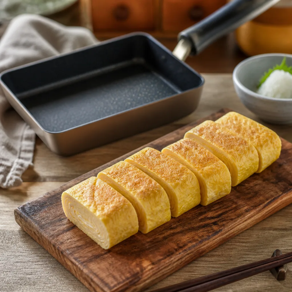 Aufgerolltes japanisches Omelett Tamagoyaki in gleichmäßige Scheiben geschnitten, daneben eine rechteckige Tamagoyaki-Pfanne