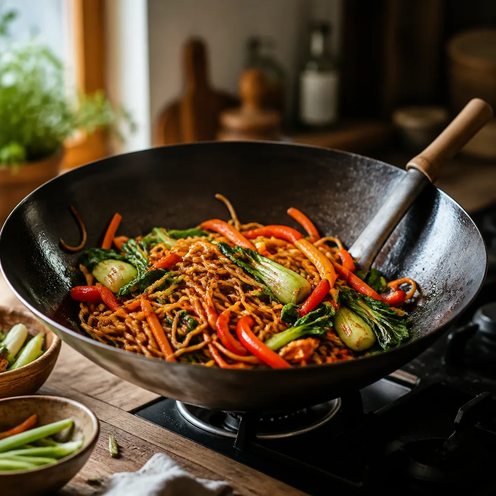 Gebratene Mie-Nudeln mit Paprika, Pak Choi und Karottenstreifen, schwungvoll in einem Wok aus Carbonstahl