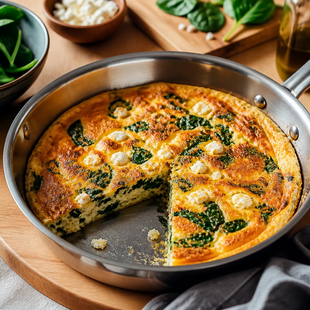 Dicke, goldene Frittata mit Spinat und Feta in einer ofenfesten Edelstahlpfanne, ein Stück bereits herausgeschnitten