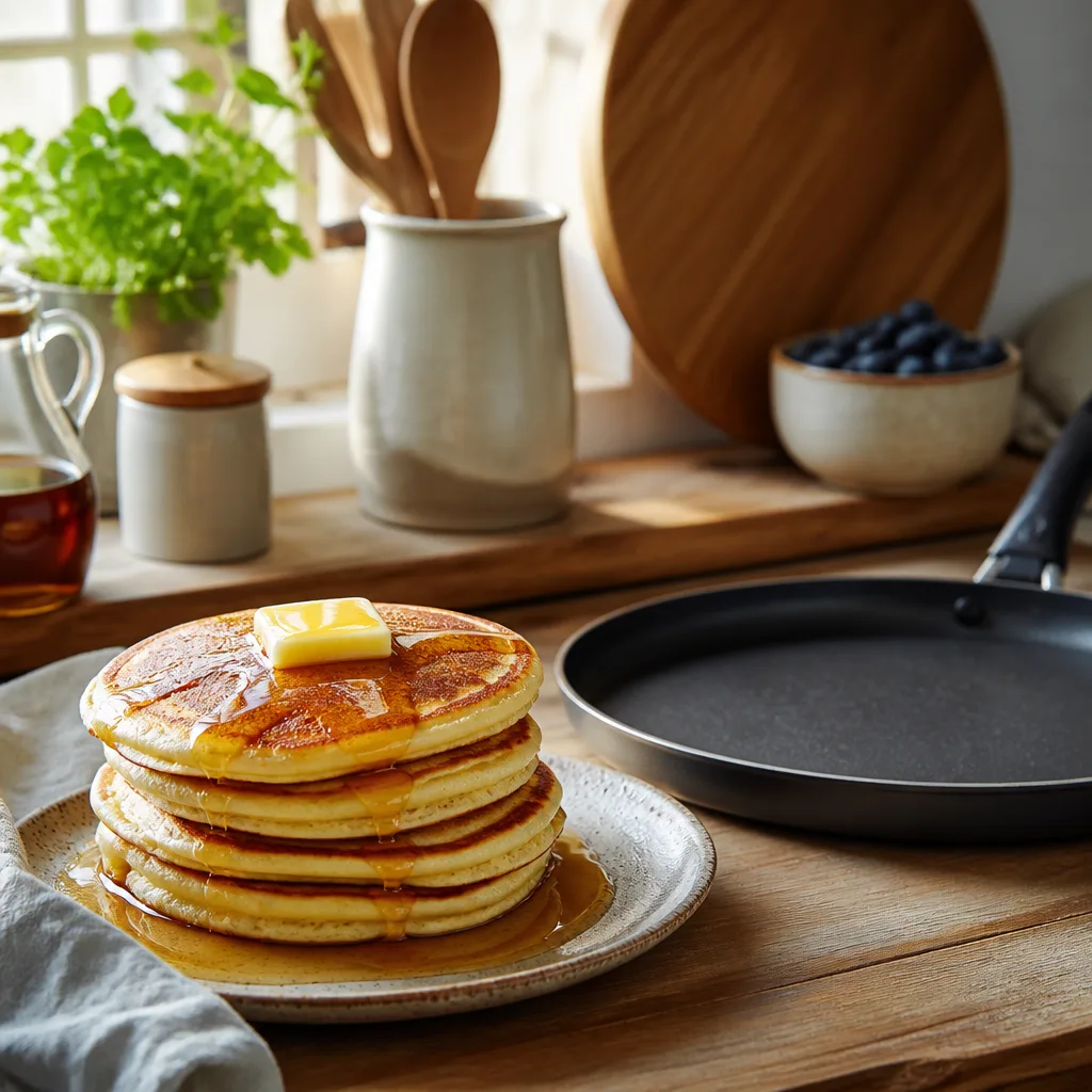 Stapel dicker amerikanischer Pancakes mit Ahornsirup und Butterflocke neben einer flachen beschichteten Pfanne