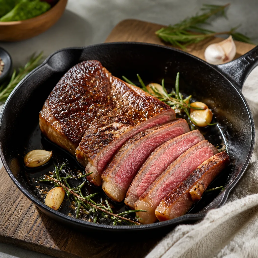 Rosa gebratenes, aufgeschnittenes Rumpsteak mit dunkler Kruste, Rosmarin und Knoblauch in einer schwarzen Gusseisenpfanne