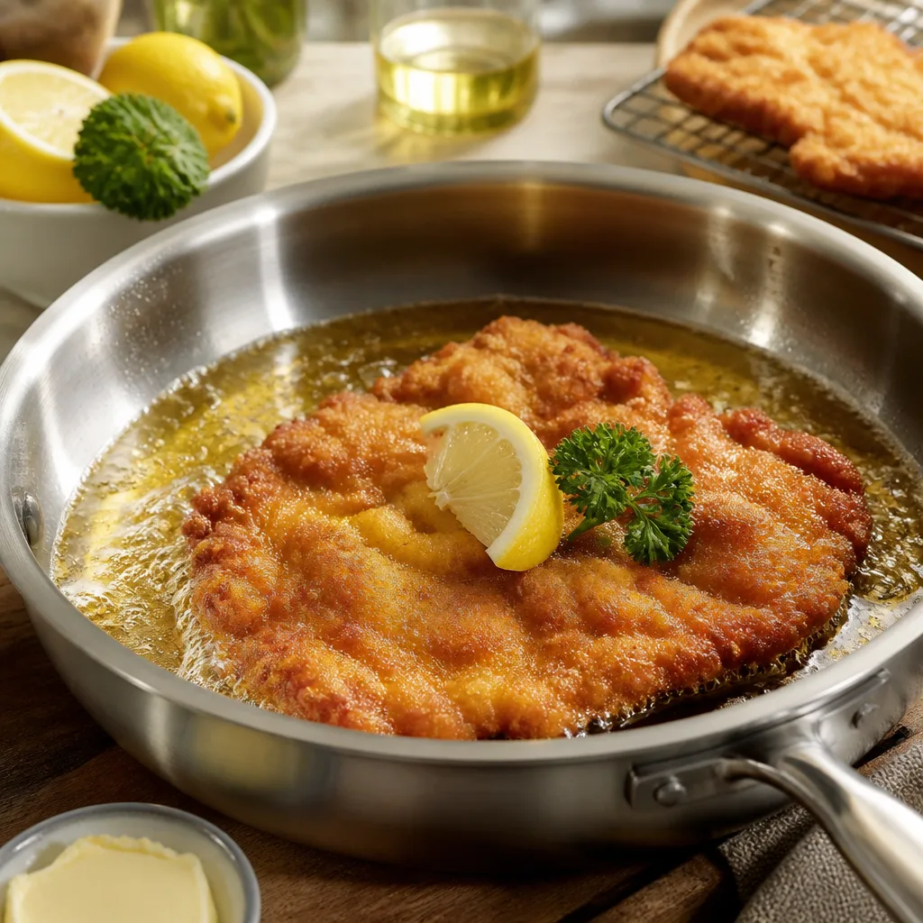 Goldgelbes, gewelltes Wiener Schnitzel mit Zitronenspalte und Petersilie in einer großen Edelstahlpfanne mit reichlich Butterschmalz