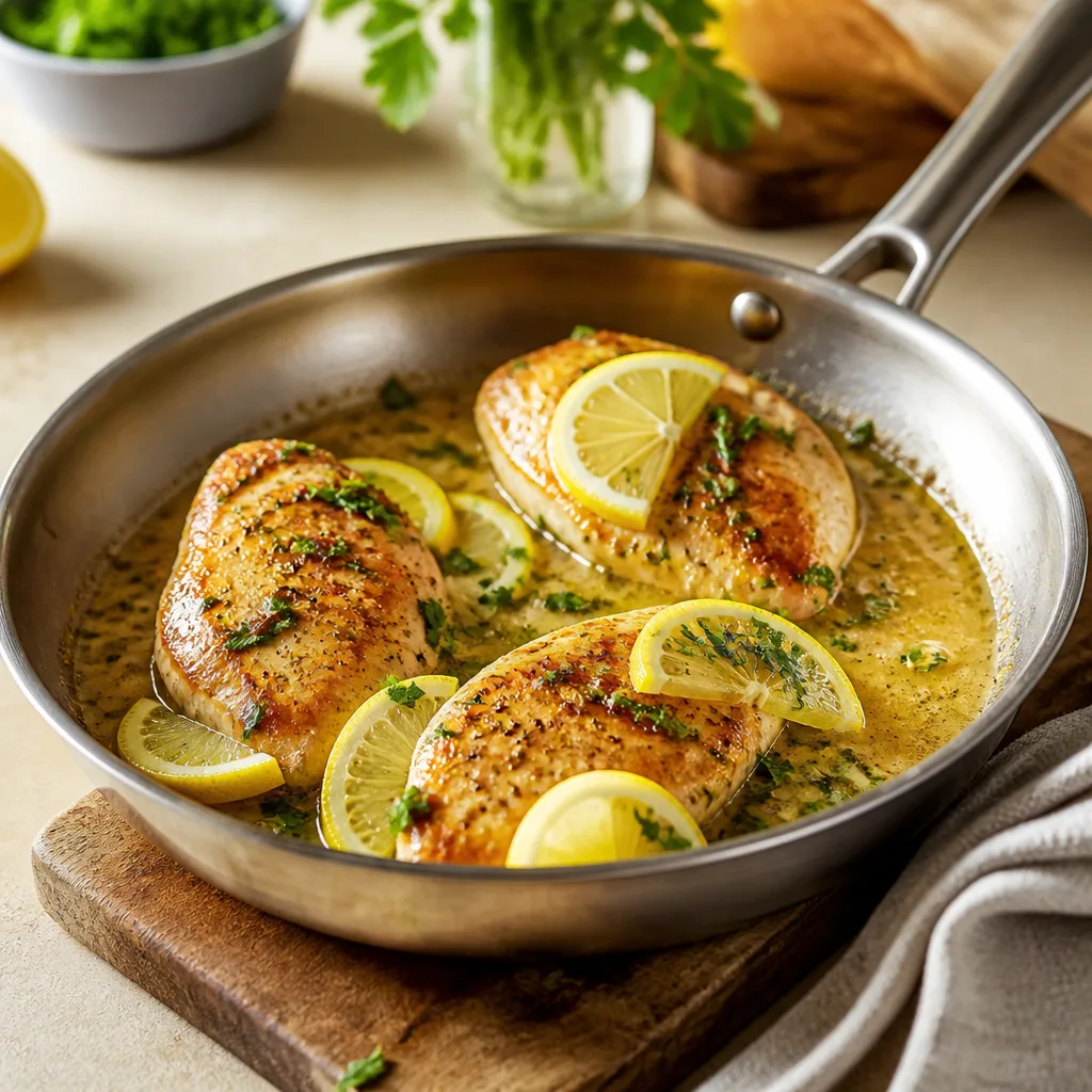 Goldbraun gebratene Hähnchenbrust in heller Zitronen-Kräuter-Sauce mit Zitronenscheiben in einer Edelstahlpfanne