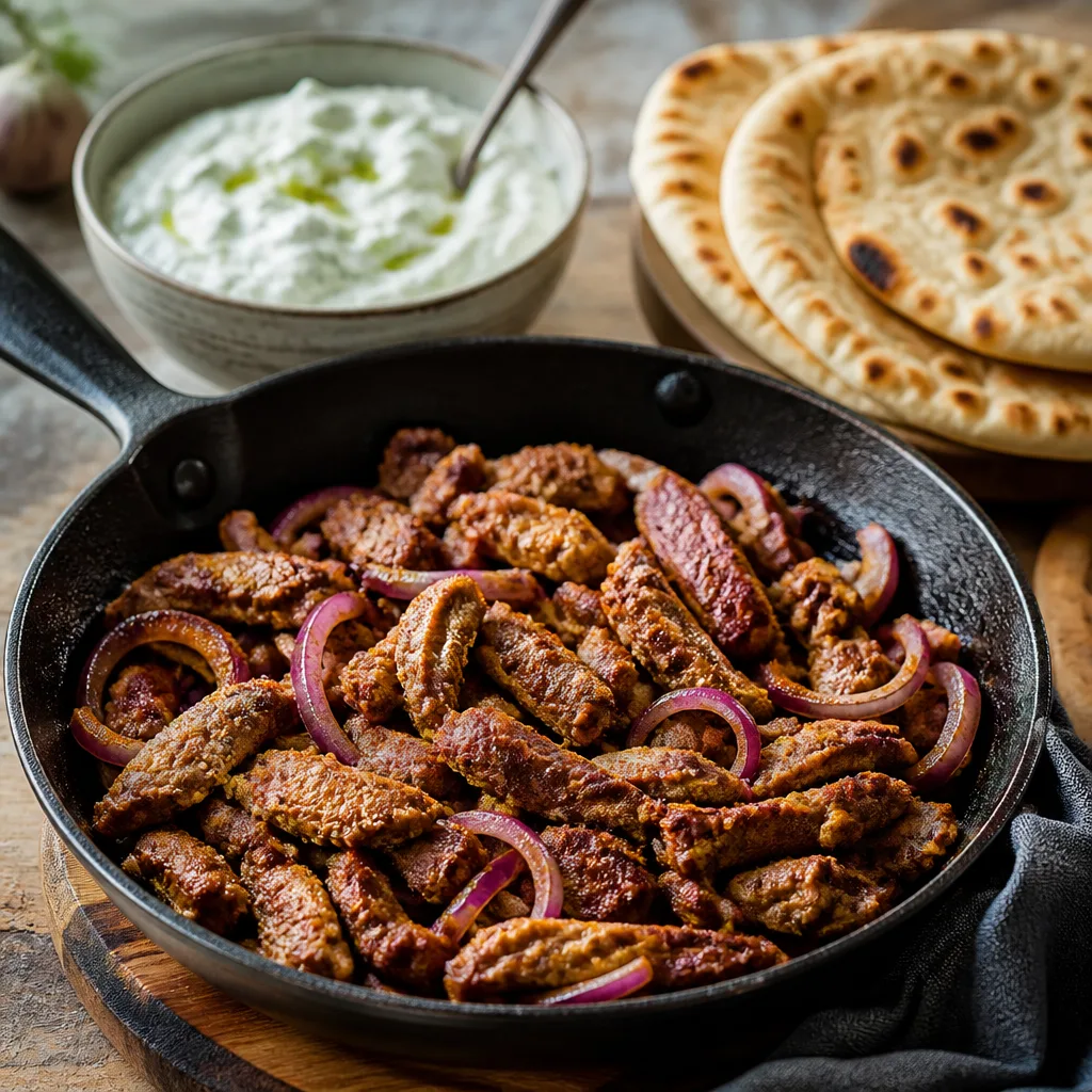 Knusprig gebratene Gyros-Streifen mit roten Zwiebeln in einer Gusseisenpfanne, daneben Tzatziki und Pita