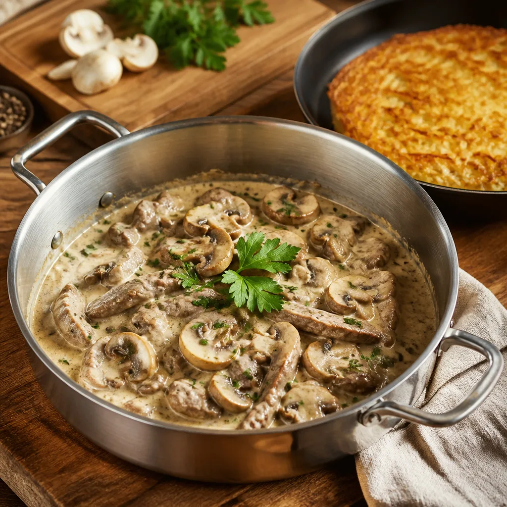 Zürcher Geschnetzeltes mit Champignons in cremiger Rahmsauce in einer tiefen Sauteuse aus Edelstahl, daneben Rösti