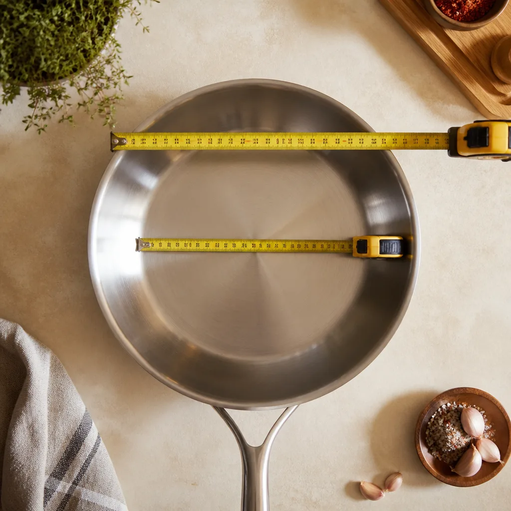 Edelstahlpfanne von oben auf einer hellen Arbeitsplatte, ein Maßband liegt quer über dem oberen Rand, ein zweites Maßband misst den deutlich kleineren flachen Boden im Inneren, sachliche Draufsicht