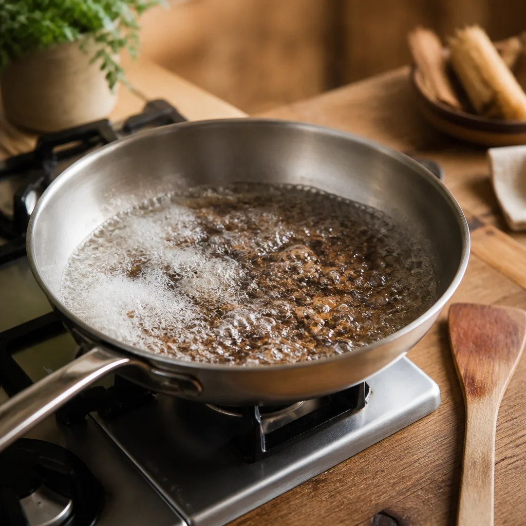 Edelstahlpfanne mit dunkel angebranntem Boden, darin sprudelndes Wasser mit Natron auf einem Gasherd, daneben ein Holzspatel