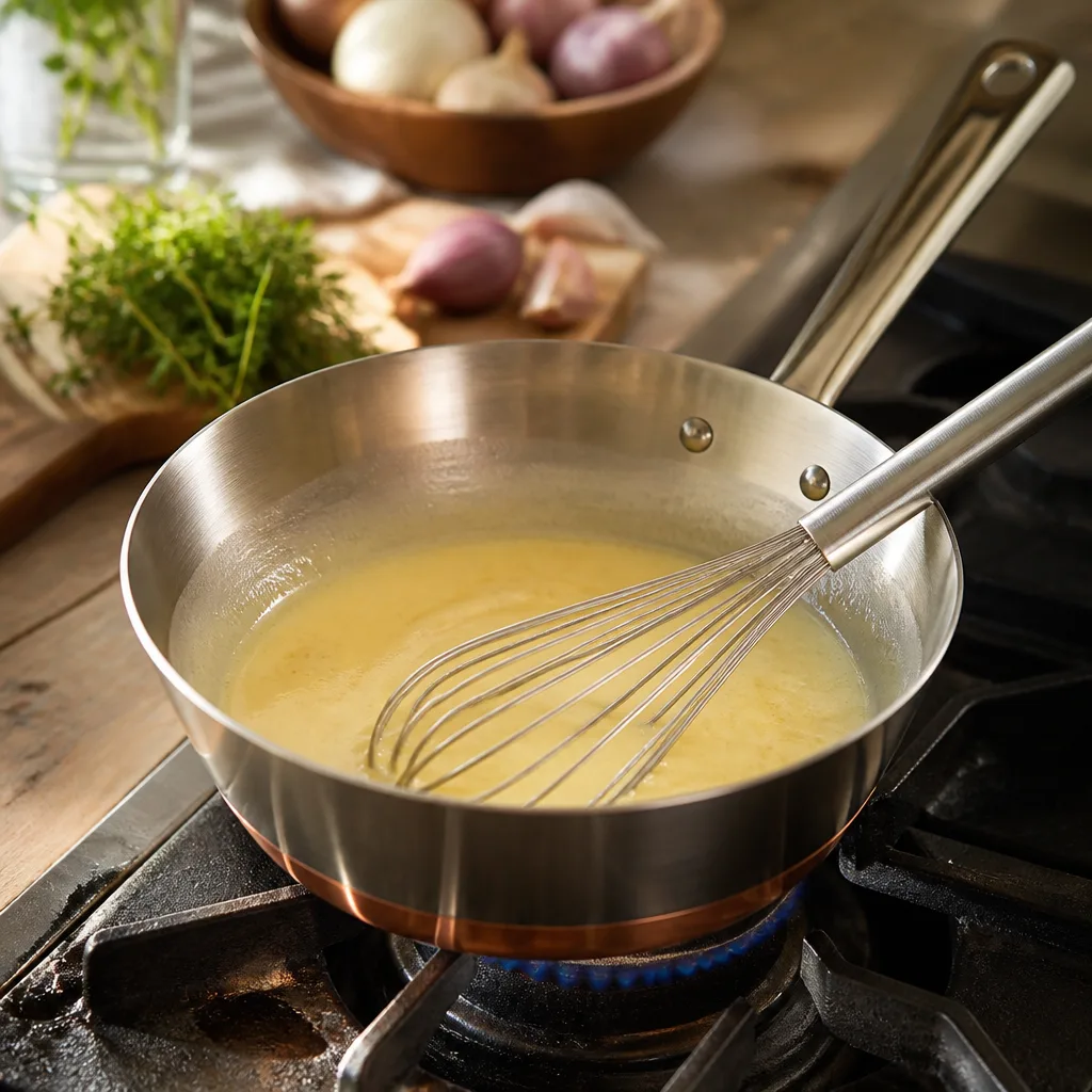 Kleine Sauteuse aus Edelstahl mit Kupferboden und gerundetem Rand auf einer Gasflamme, darin eine glänzende helle Buttersoße, ein Schneebesen aus Edelstahl lehnt am Rand, Nahaufnahme von schräg oben