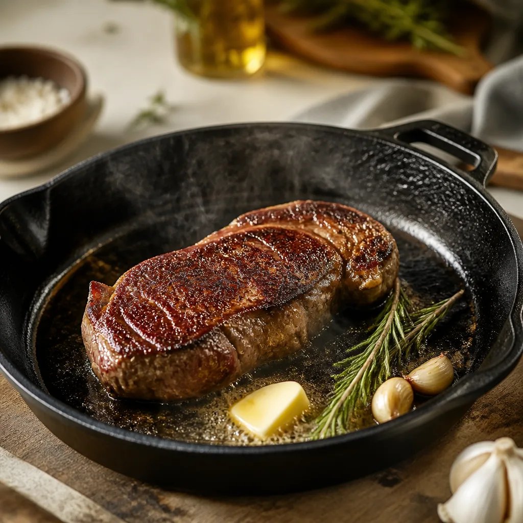 Dickes Rindersteak mit dunkelbrauner Kruste in einer gusseisernen Pfanne, daneben Rosmarinzweig, Knoblauchzehen und ein Stück Butter, leichter Dampf