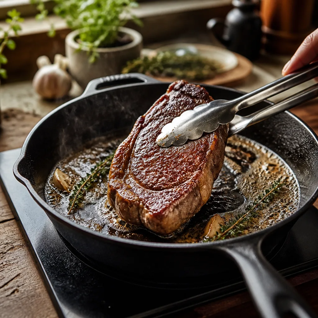 Steak wird mit einer Grillzange in einer Eisenpfanne gewendet, goldbraune Kruste sichtbar, schäumende Butter mit Thymian am Pfannenrand