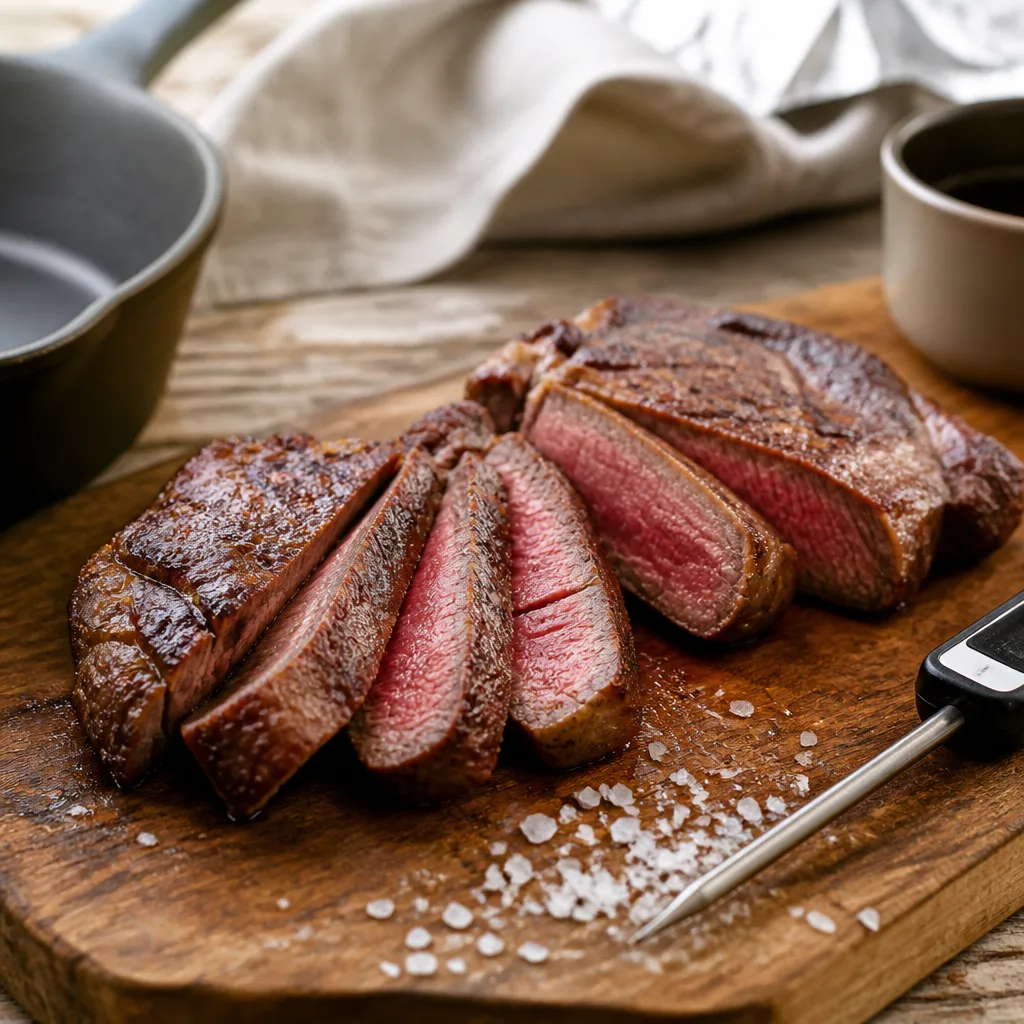 Aufgeschnittenes Rindersteak mit rosa Kern und dunkler Kruste auf einem Holzbrett, daneben ein Einstichthermometer und grobes Meersalz